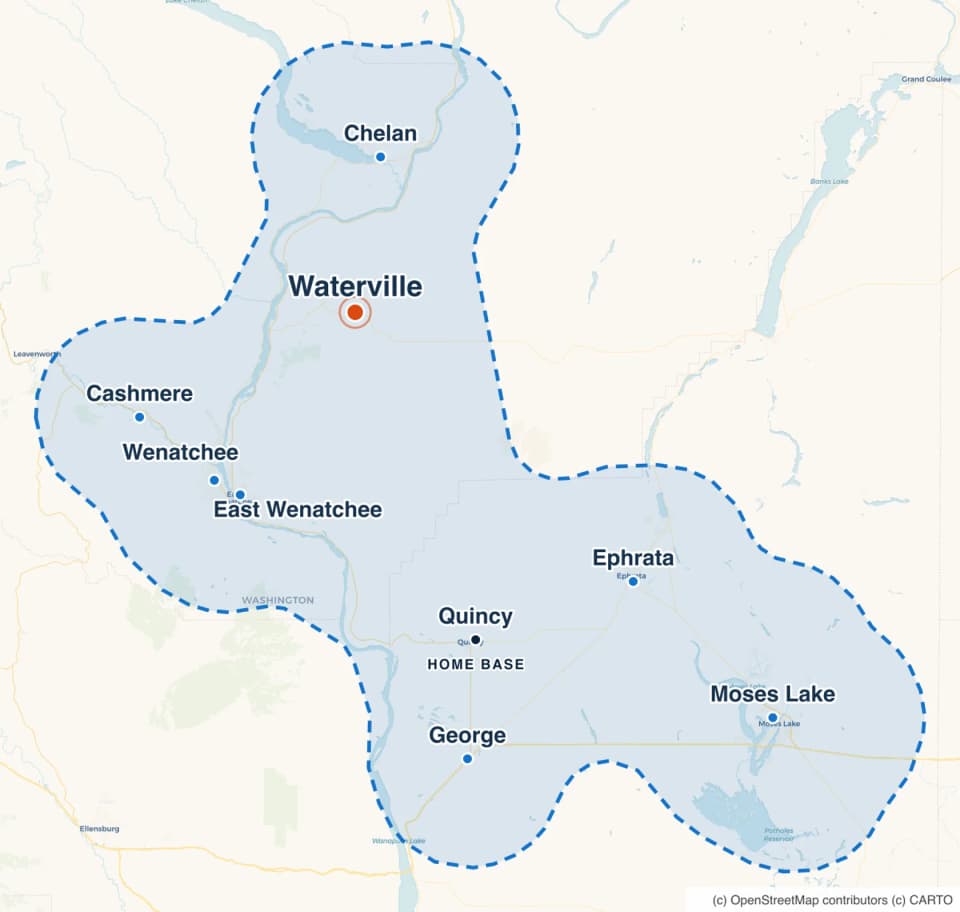 Map highlighting Waterville within the RockBuilt Handyman service area