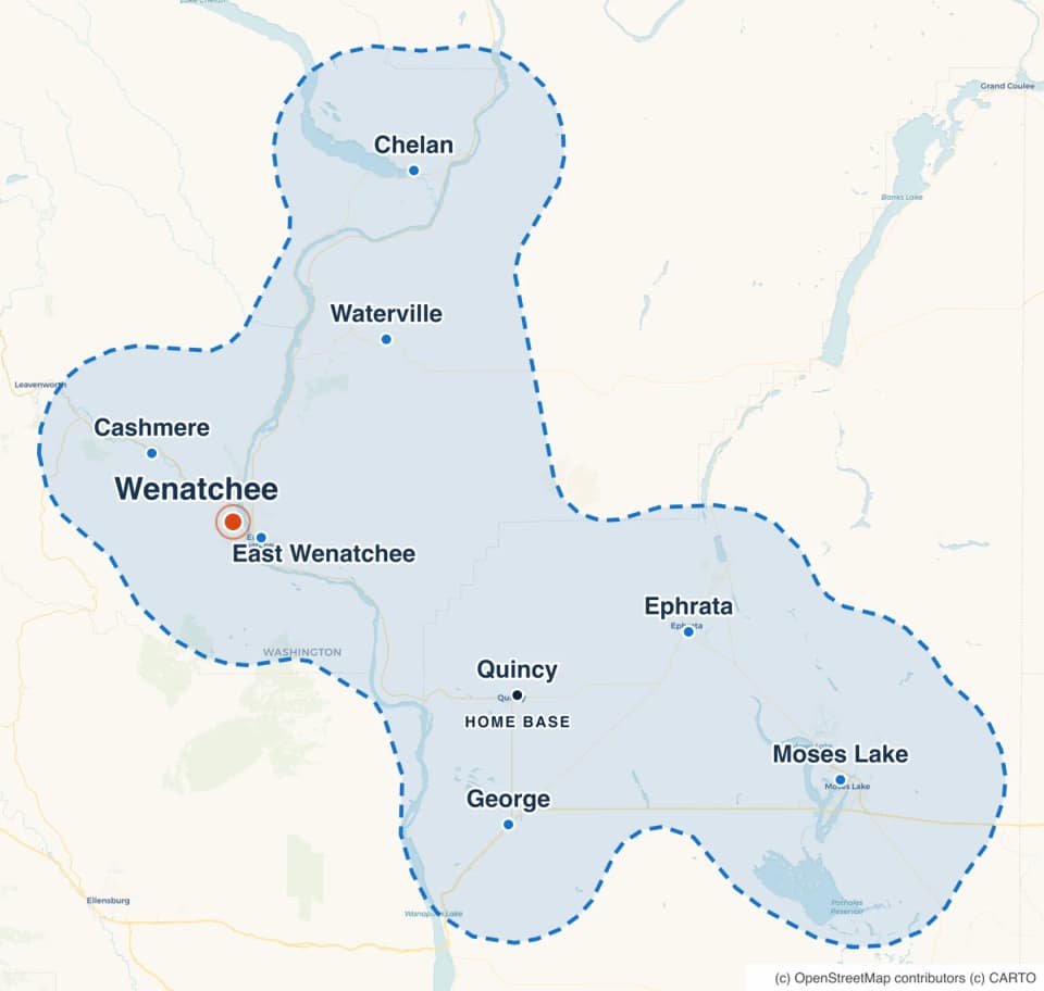 Map highlighting Wenatchee within the RockBuilt Handyman service area