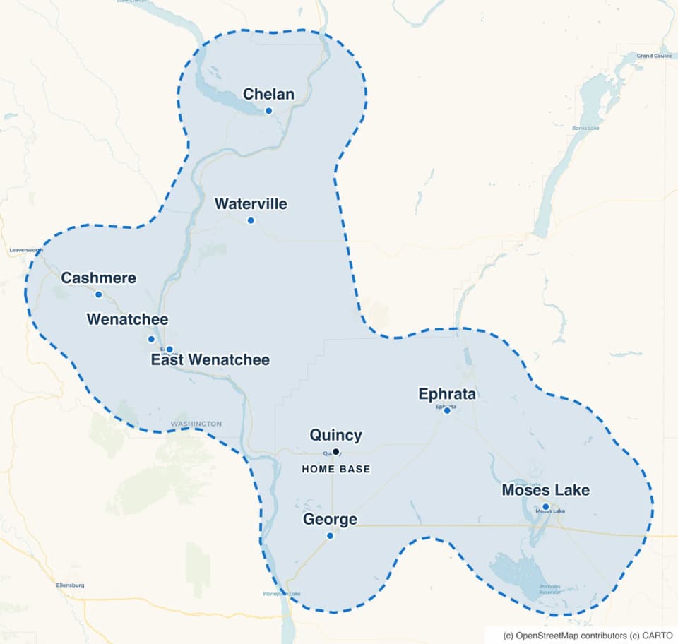 Map of the RockBuilt Handyman service area across nine Central Washington towns